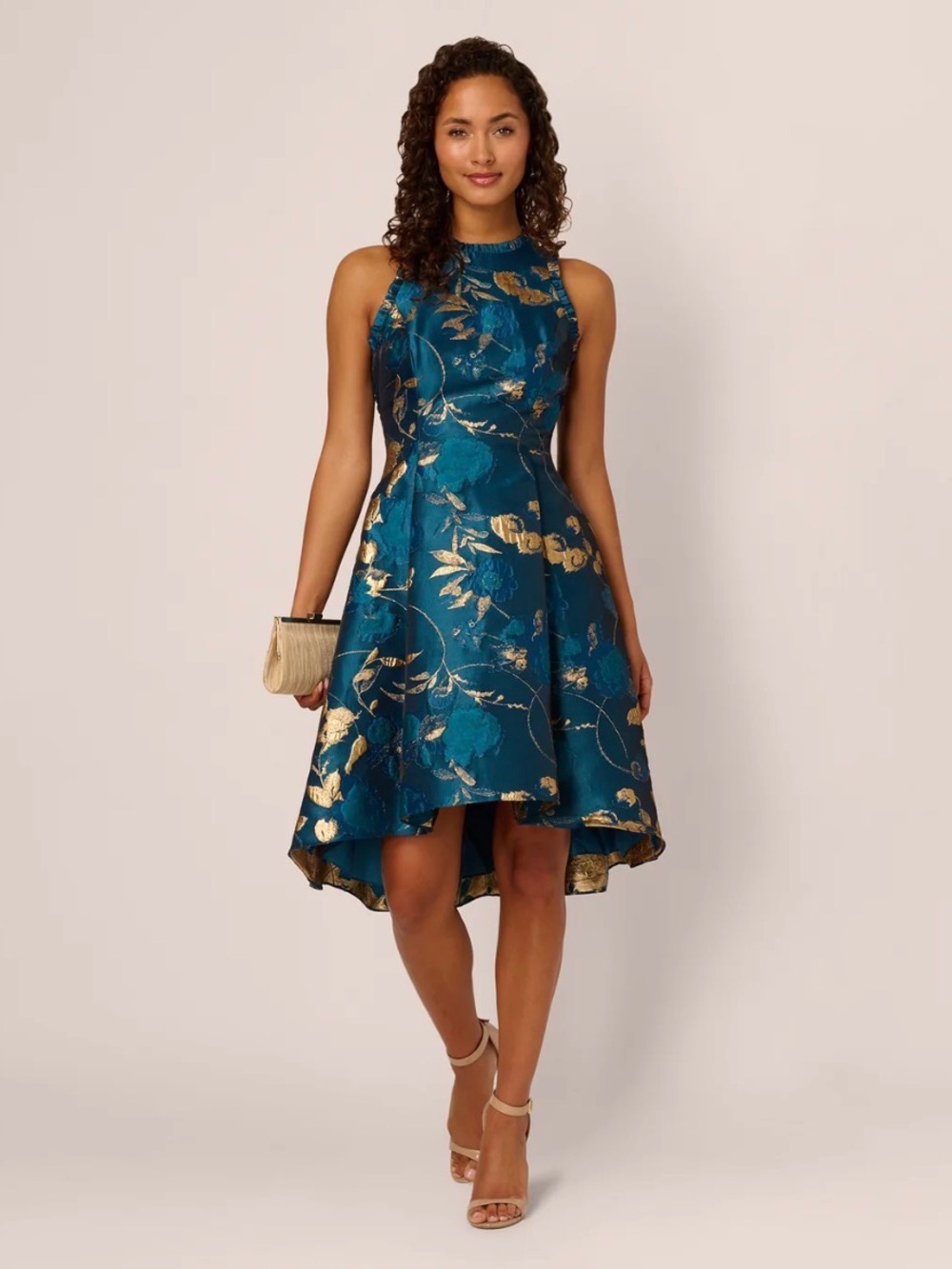 Adrianna Papell Teal and Gold Floral High-Low Dress